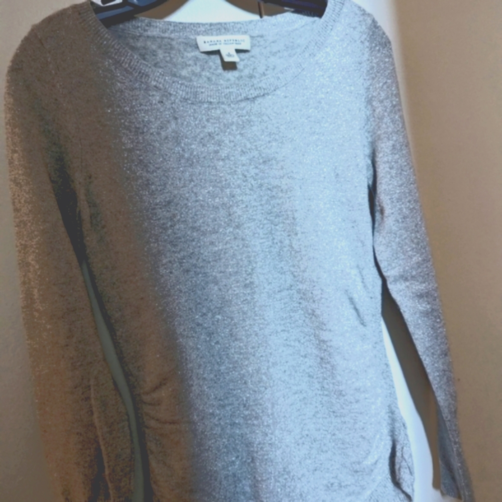 Long sleeve rouched silver metallic light weight shimmery sweater (light weight)